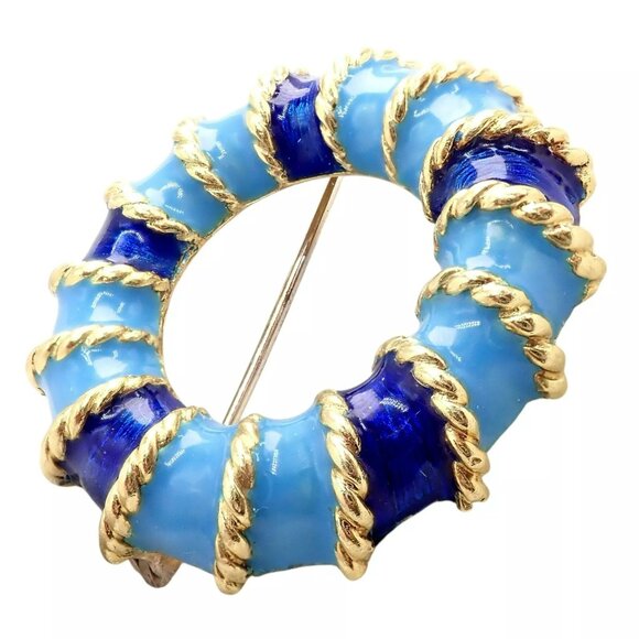 Rare! Vintage Tiffany & Co 18k Yellow Gold Blue Enamel Circle Rope Brooch Pin - Picture 11 of 13